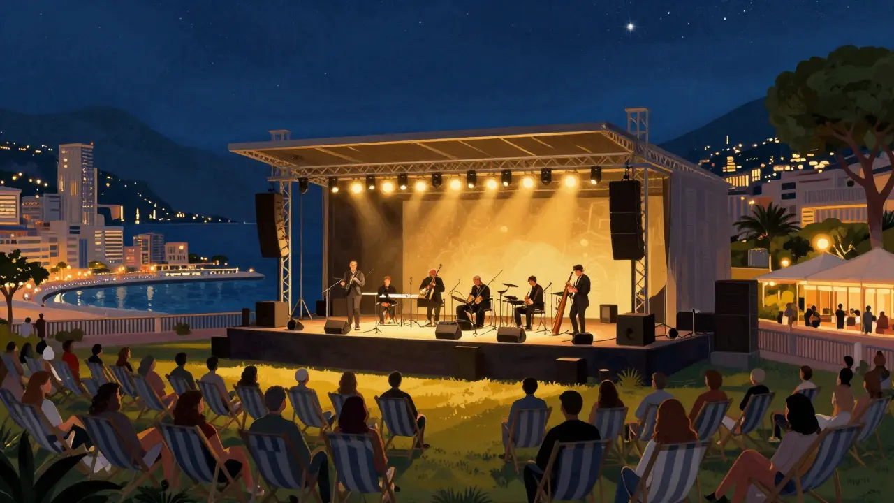 Outdoor jazz festival stage with Monaco skyline at night