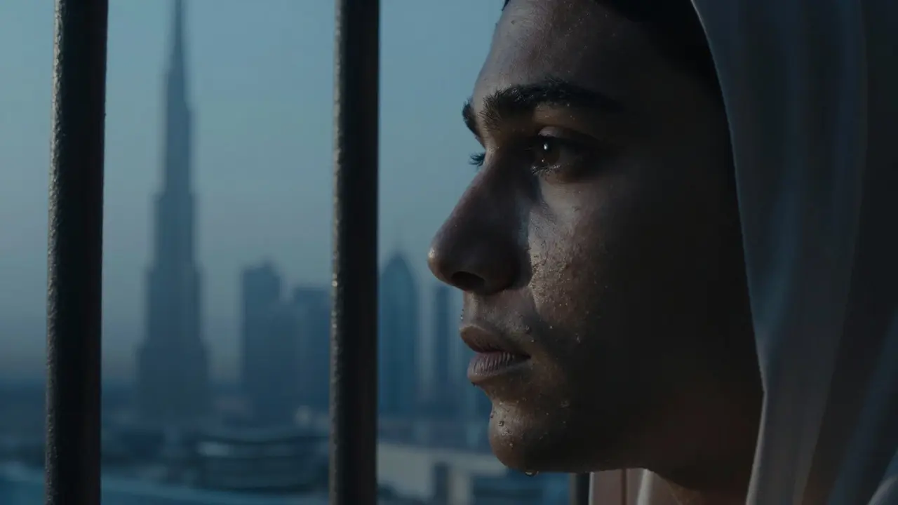 Person in jail cell looking at Dubai skyline through bars