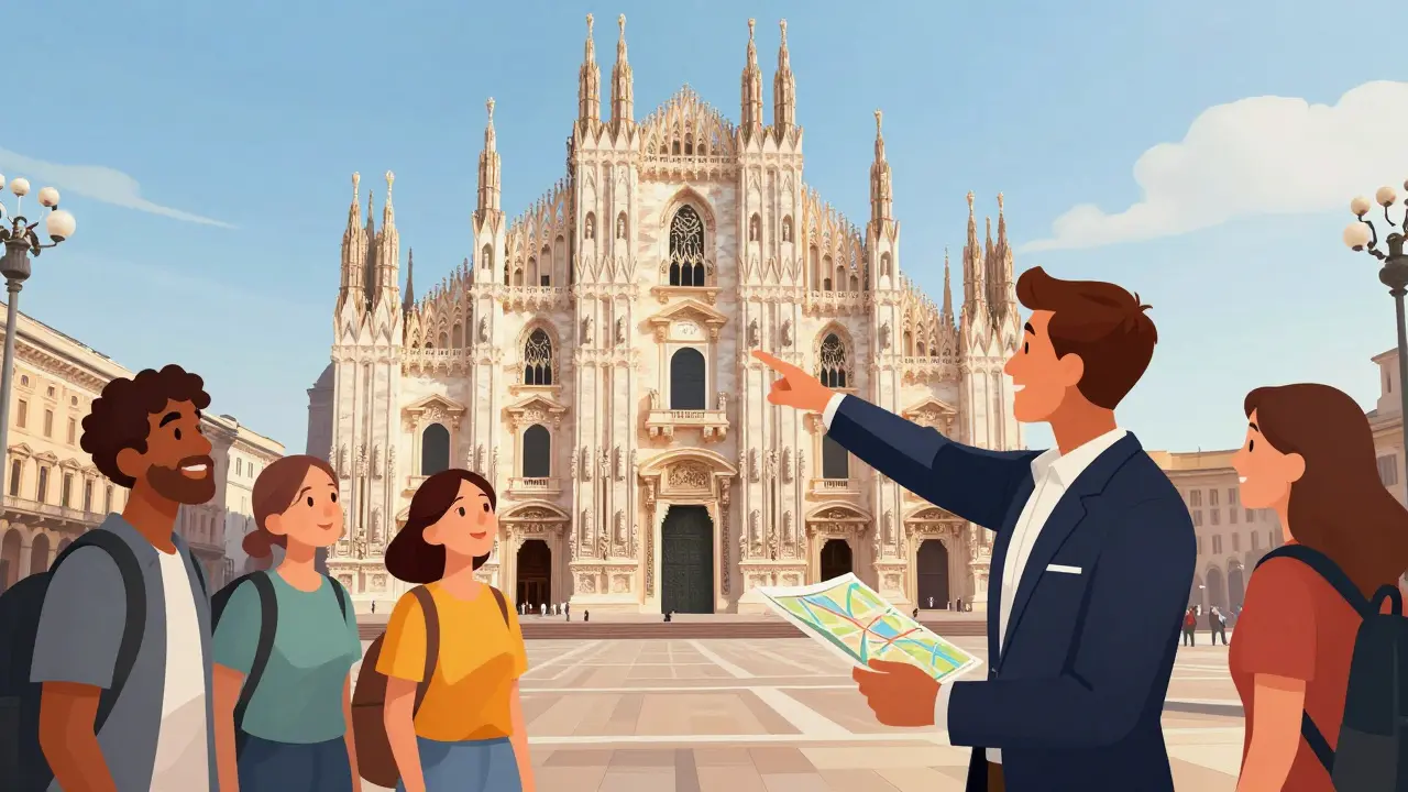Tour guide showing Duomo to visitors in safe setting