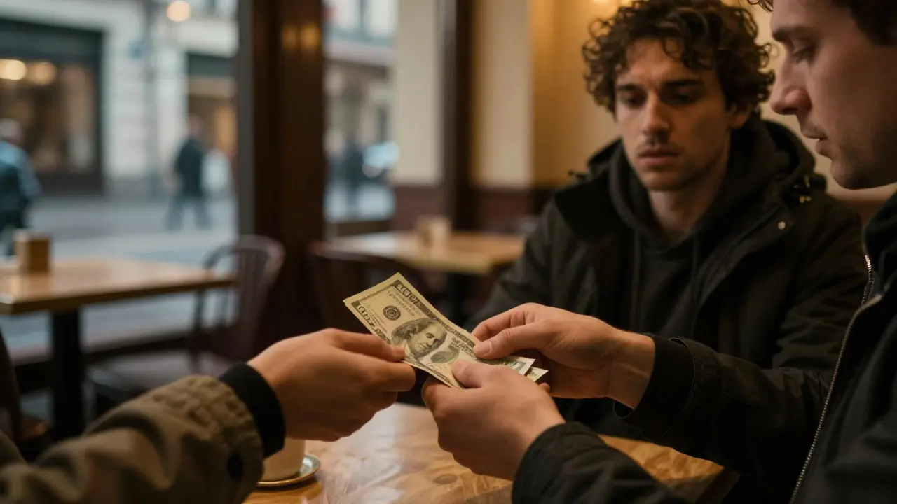 Tourist handing cash to scammer in Milan café