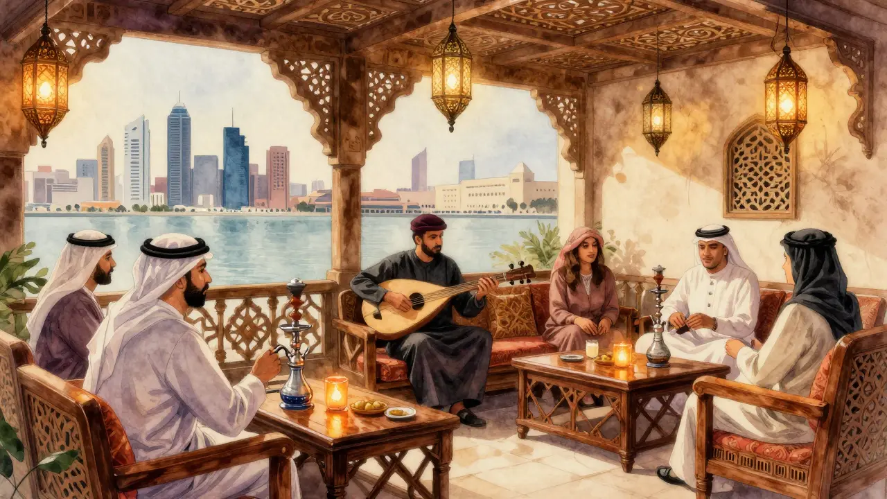 Traditional Emirati lounge with oud player, shisha, and ornate lantern lighting in Downtown Abu Dhabi.