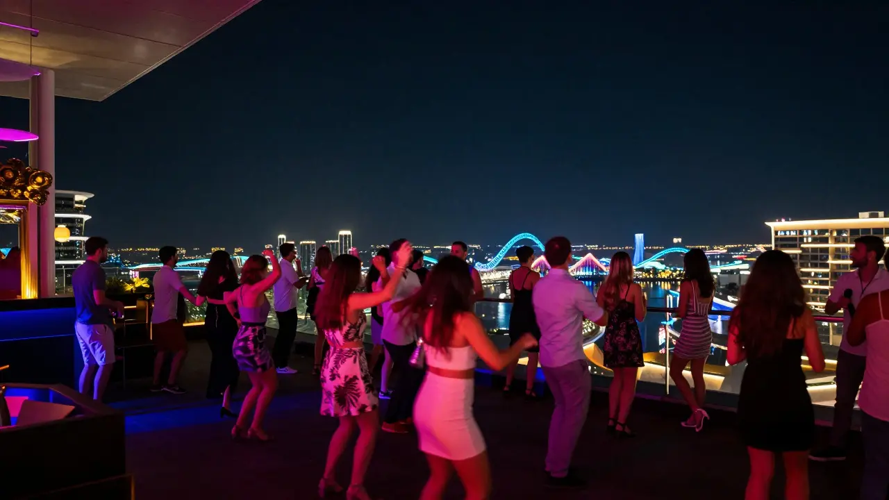 Twisted nightclub rooftop dancing with Yas Marina Circuit view