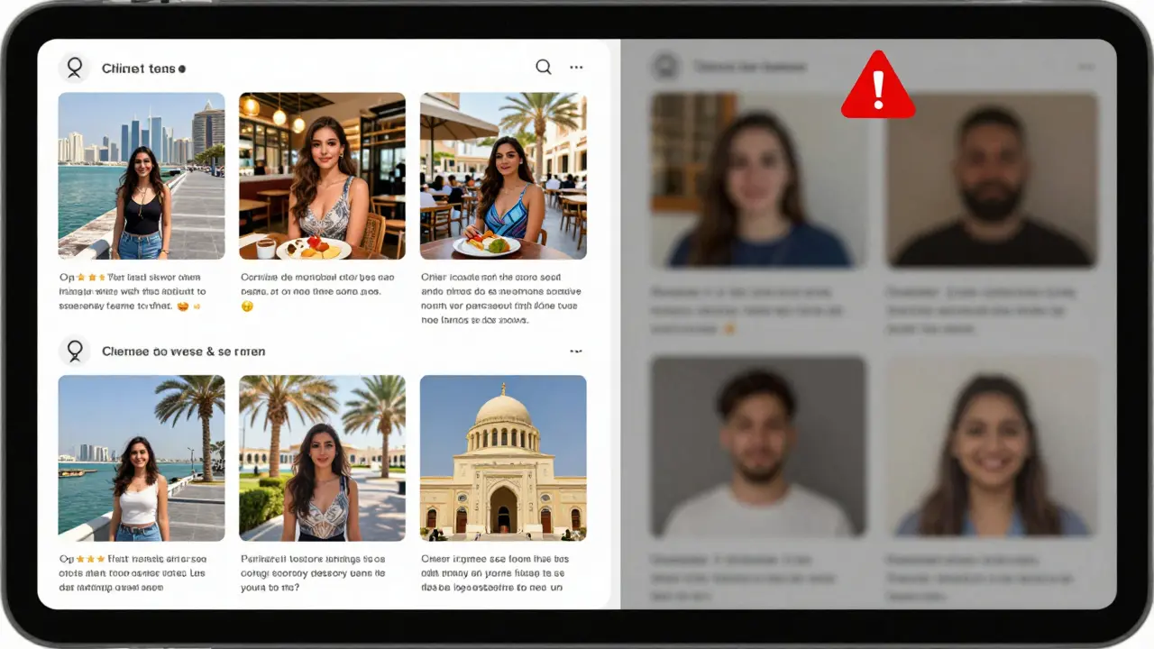 Two escort profile comparisons on a tablet: one genuine with real photos and reviews, the other fake with stock images and warnings.