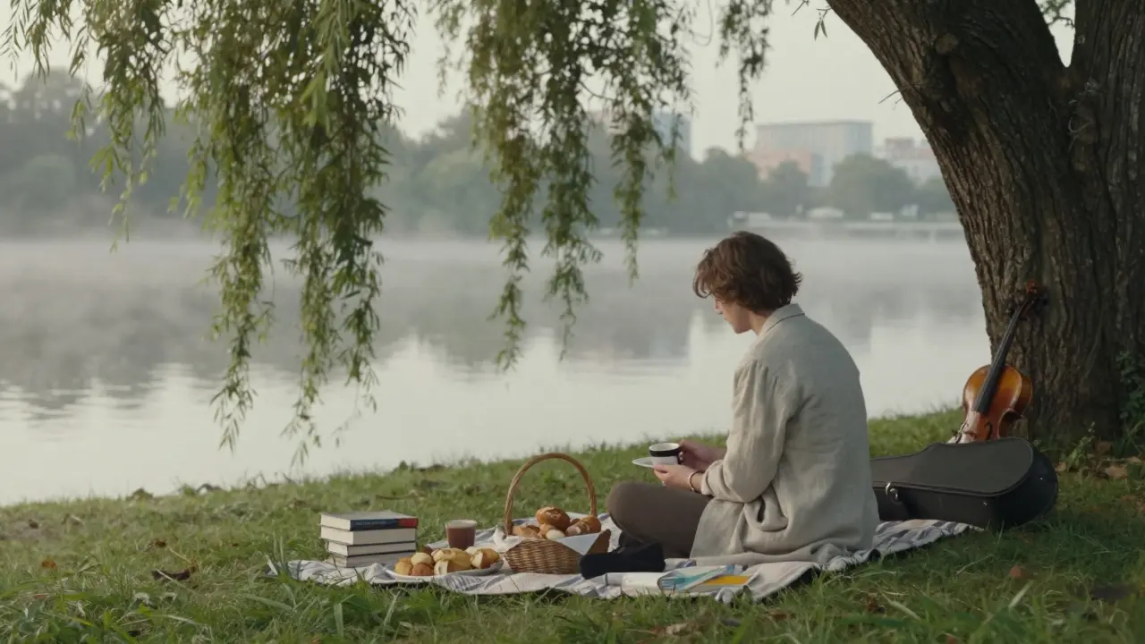 Two individuals enjoy a peaceful lakeside picnic at dawn, embodying calm, non-romantic companionship.