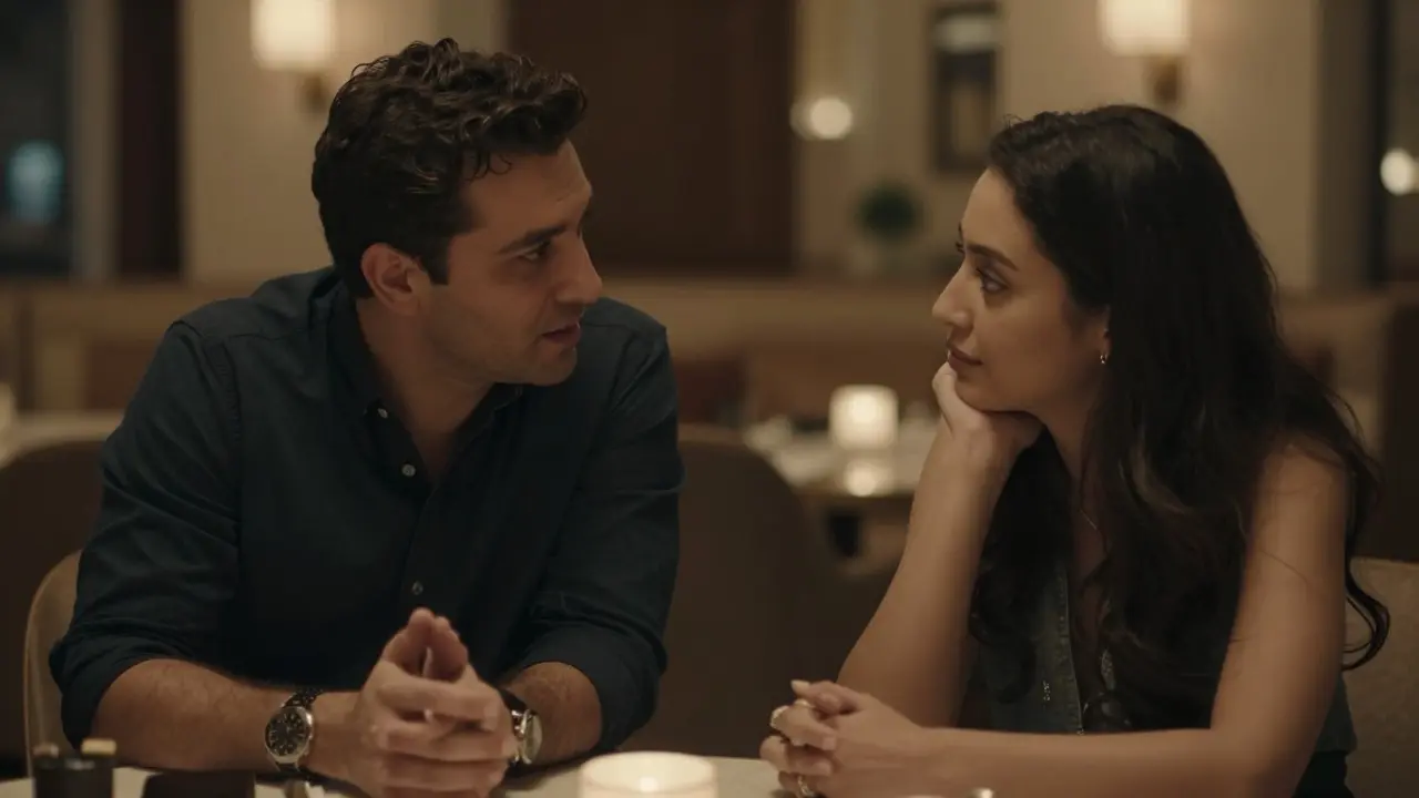 Two people having a quiet, respectful conversation in a luxury hotel lounge, no devices visible, only eye contact.