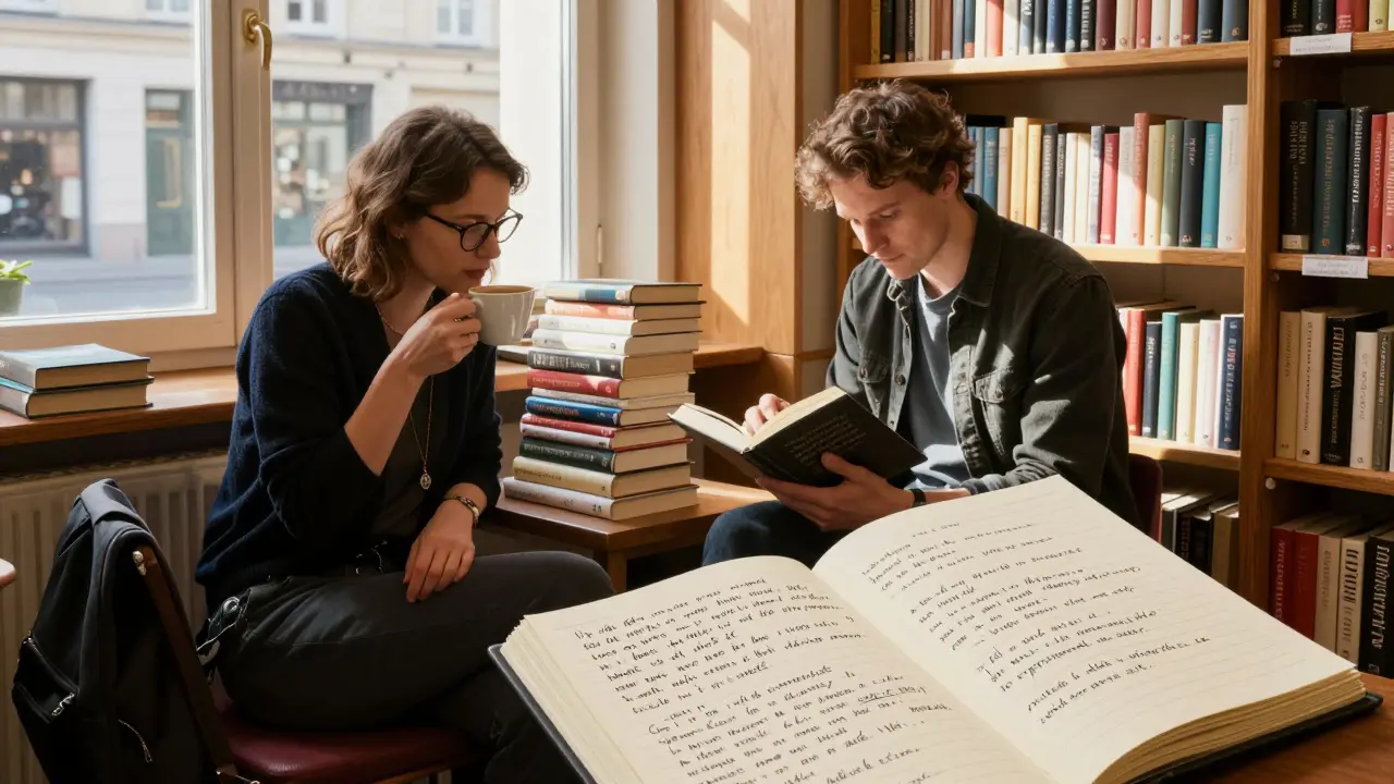 Two people sharing coffee and books in a cozy bookstore corner, sunlight streaming through tall windows.