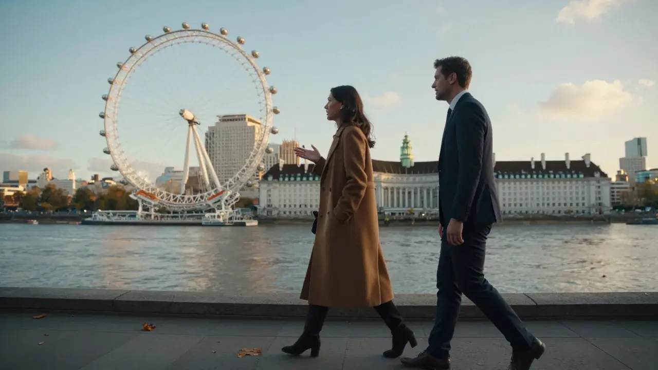 Two people walking along the Thames at sunset, lost in conversation, no phones, London Eye in distance.