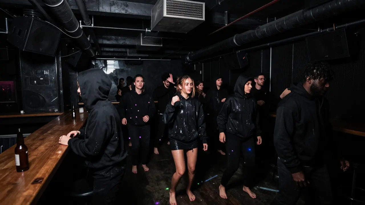 Underground techno club with dark walls, pulsing bass, and dancers moving in sync under strobe lights.