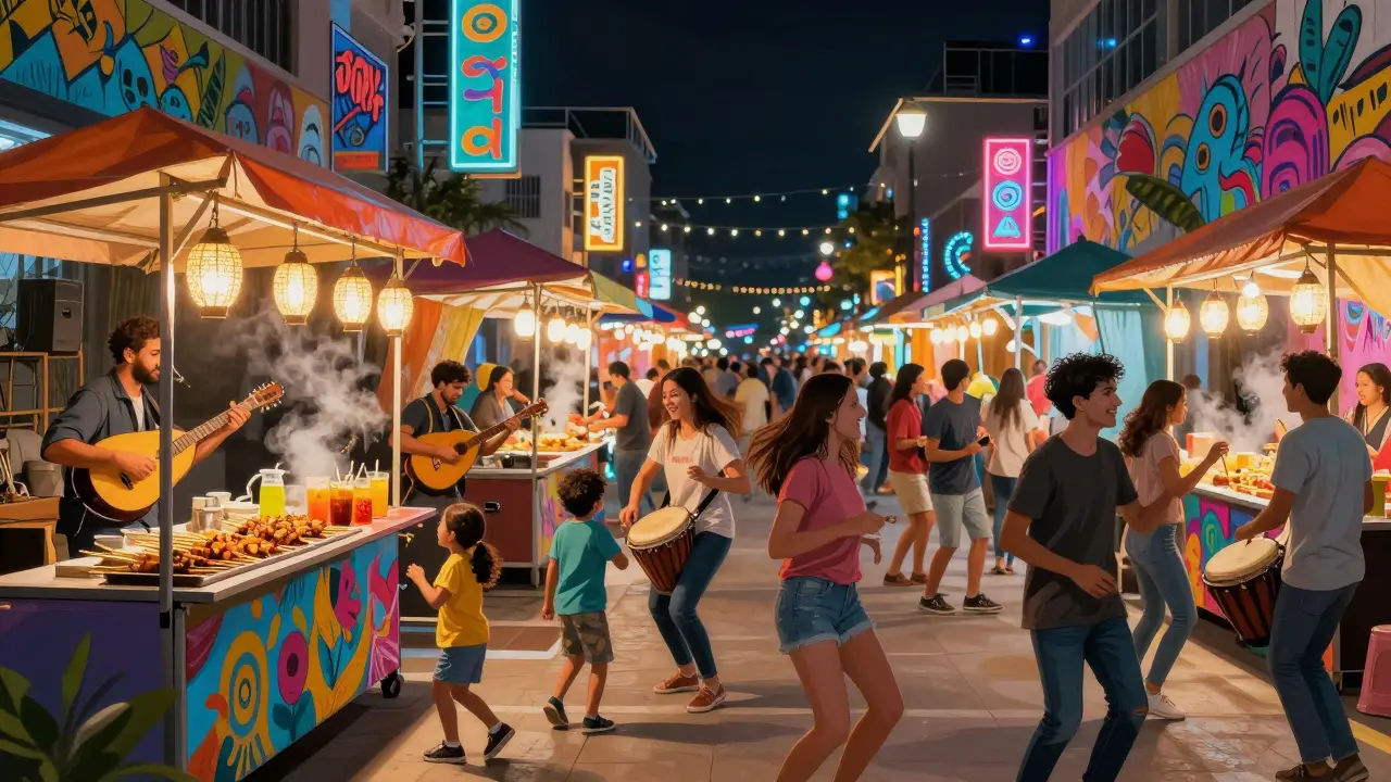 Vibrant night market with live music, food stalls, and diverse crowd under lantern lights.