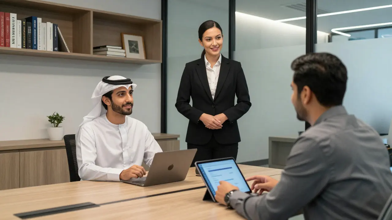 A client and escort in a modern agency office, discussing privately with digital devices, calm and professional atmosphere.