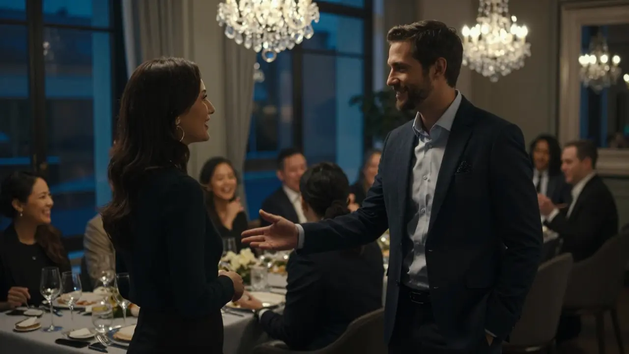 A companion gently inviting a lonely guest into conversation at a upscale corporate dinner, enhancing social flow.