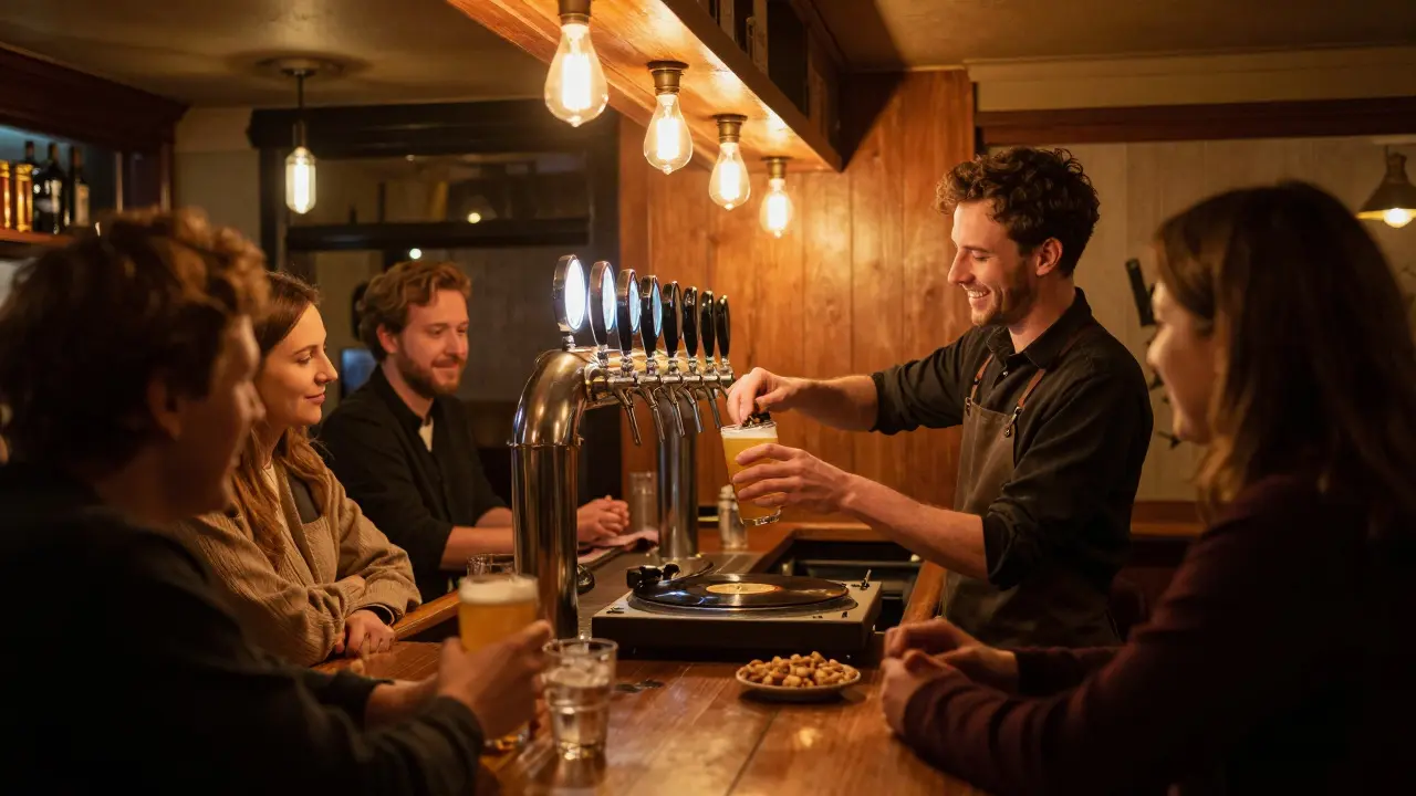 A cozy 19th-century pub with craft beers on tap and patrons enjoying quiet conversation by dim bulbs.