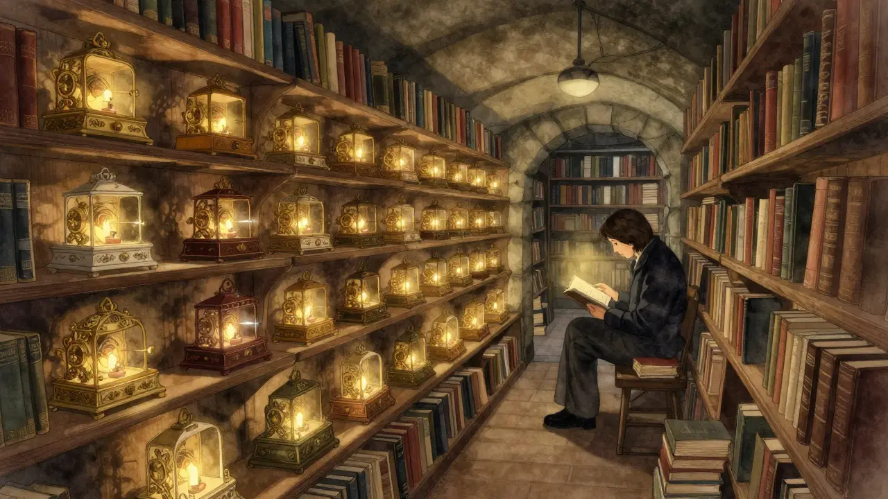 A cozy underground space filled with wind-up music boxes, where a person reads alone by candlelight.