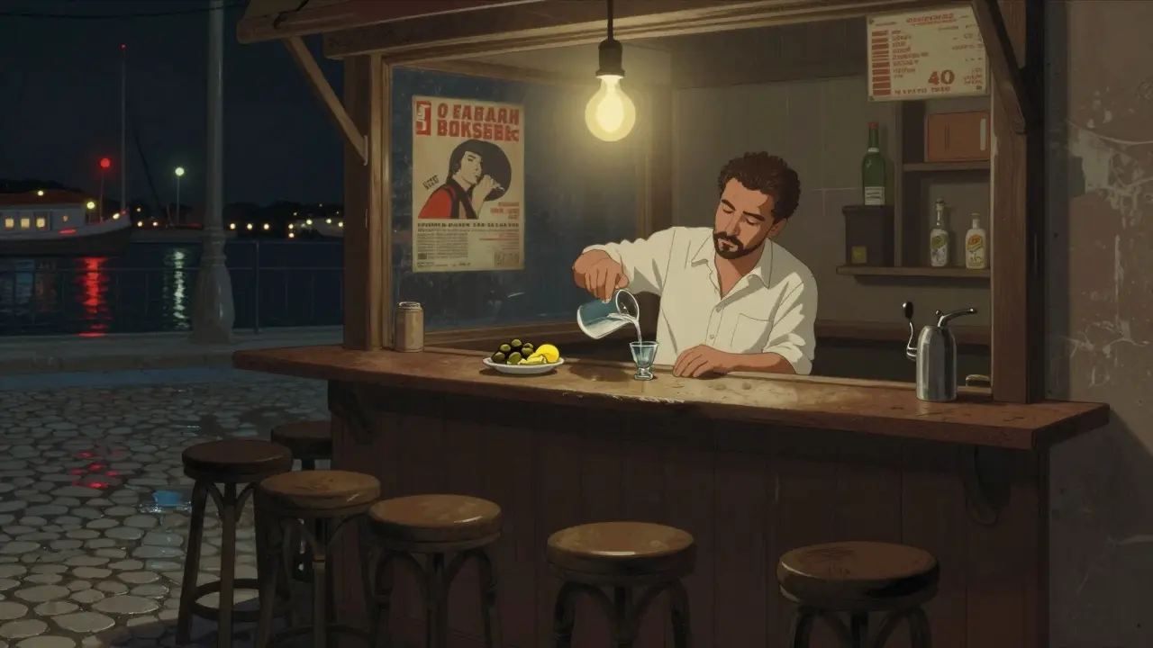 A dimly lit hidden bar with six stools, a man pouring raki, and a bowl of olives under a single hanging bulb.