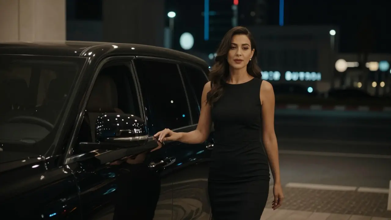 A discreet luxury car and a composed companion arriving at a private club in Abu Dhabi.
