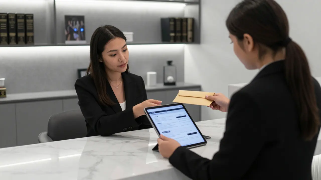 A discreet upscale escort agency lobby with modern decor and a client reviewing a confidential profile.