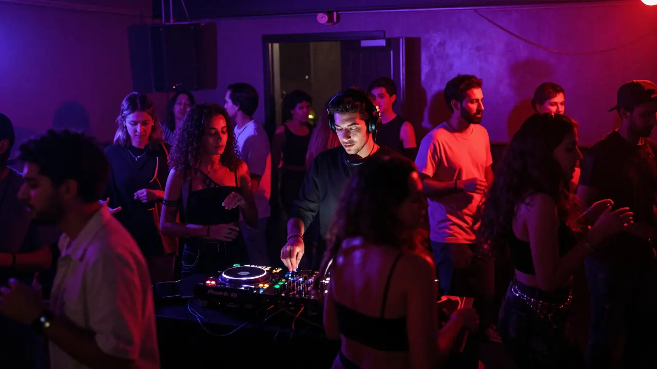 A diverse crowd dancing in an underground club with neon lights and a DJ performing live.
