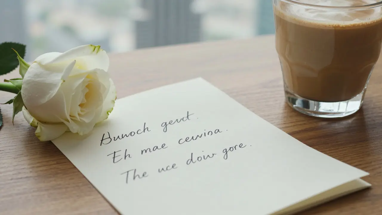 A handwritten note and a single white rose beside a latte on a wooden table, with Dubai's skyline in the distance.