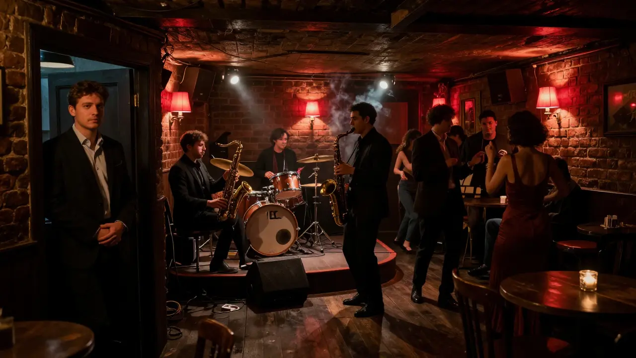 A hidden basement jazz club with musicians playing under dim red lights, an intimate crowd listening intently.