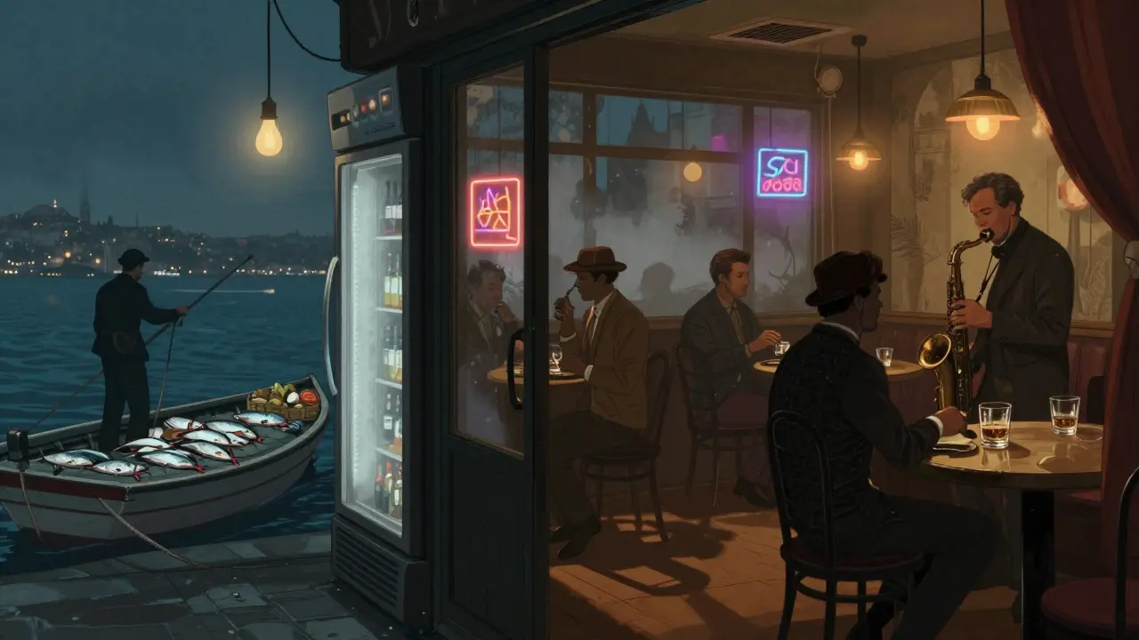 A hidden jazz speakeasy behind a fridge door in Moda, bathed in warm amber light and smoke.