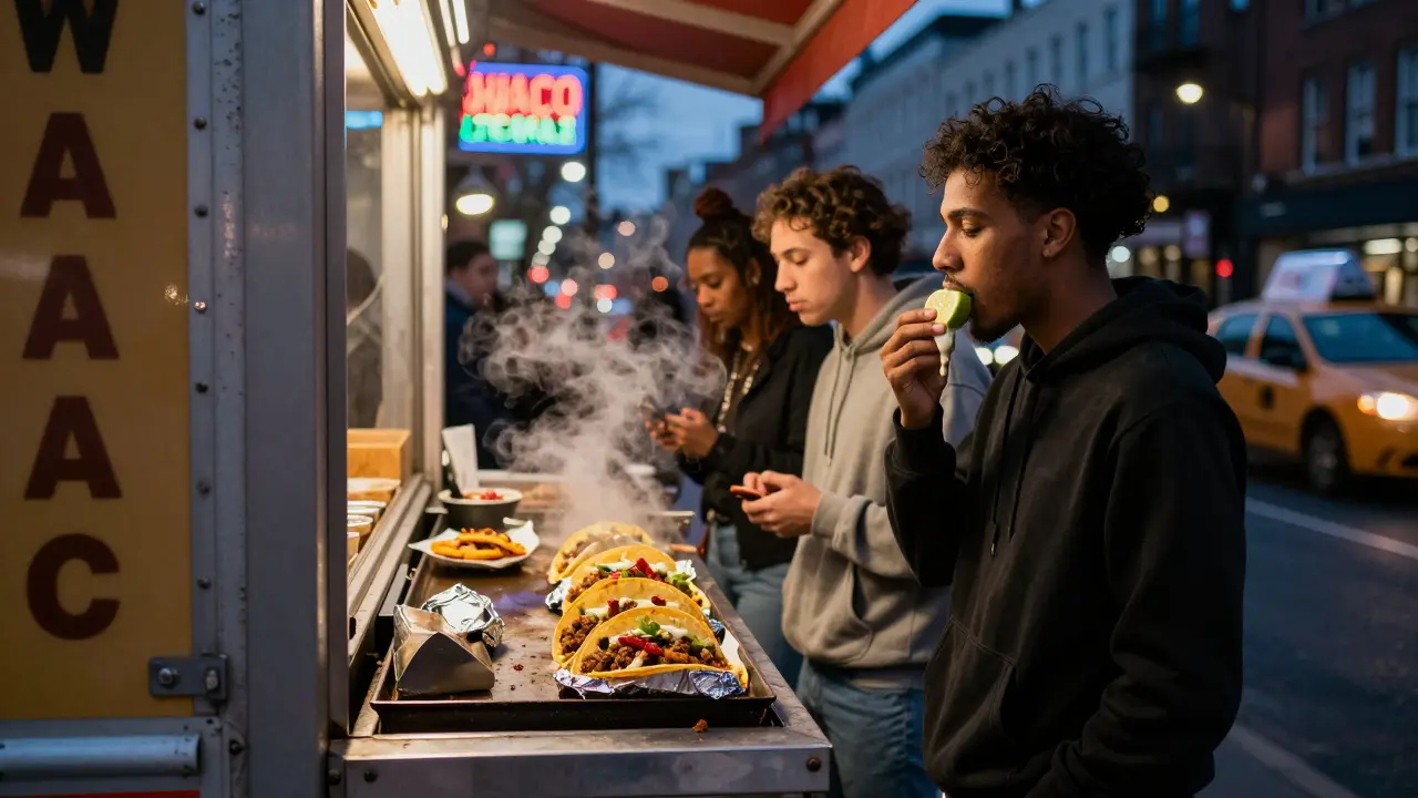 A late-night taco truck outside with people eating tacos under neon lights in the city.