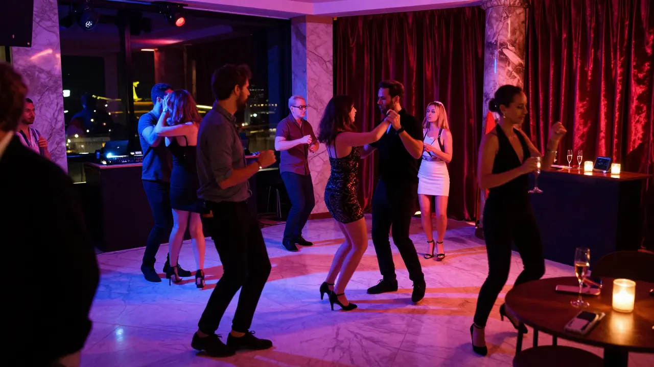 A lively dance floor at La Rascasse with diverse patrons dancing under neon lights and velvet curtains.