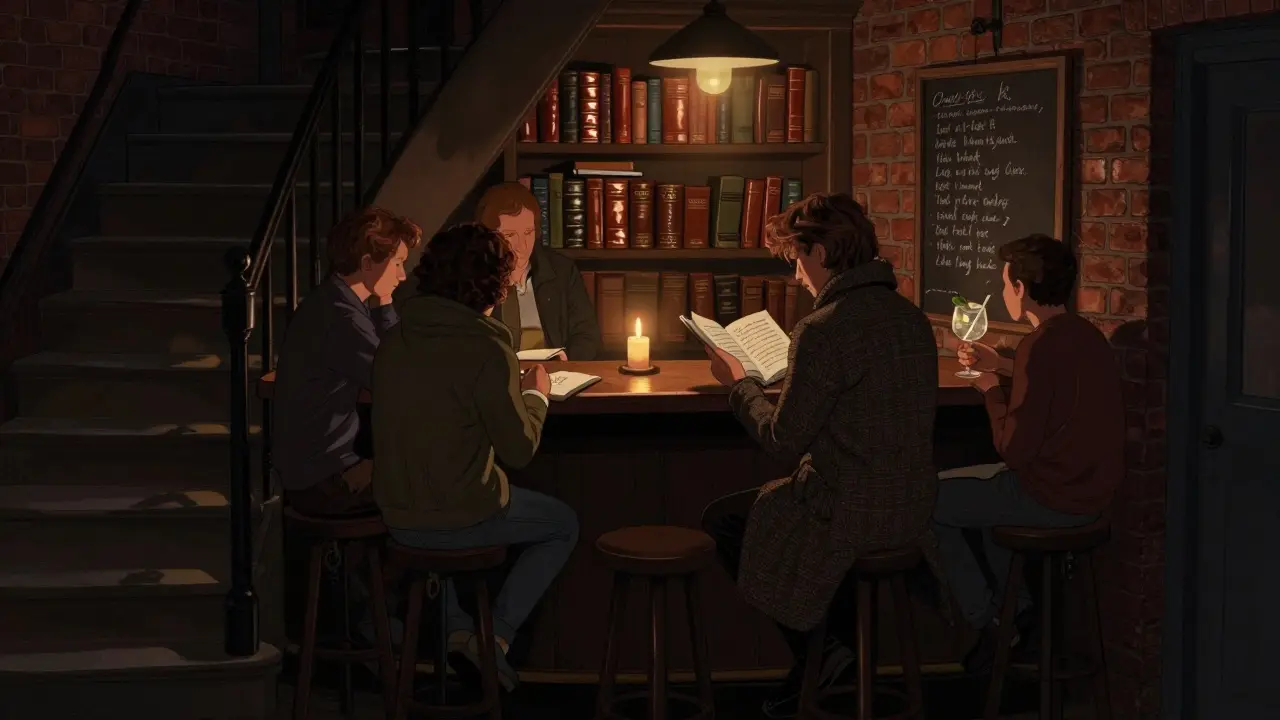 A poet reads aloud in a candlelit basement bar as listeners sit in quiet reverence, books lining the shelves behind them.