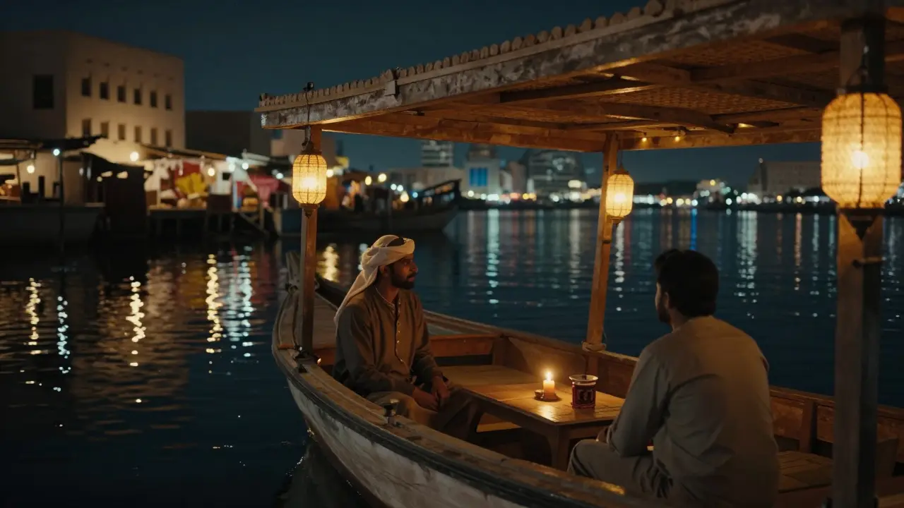 A private dhow floats silently on the creek at midnight, two figures sitting quietly as city lights reflect on the water.
