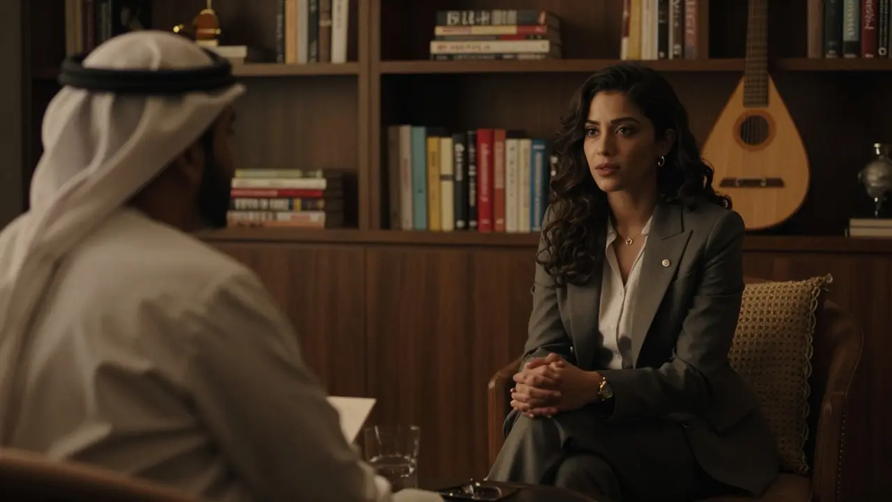 A professional companion listening attentively to a client in a refined private lounge setting.