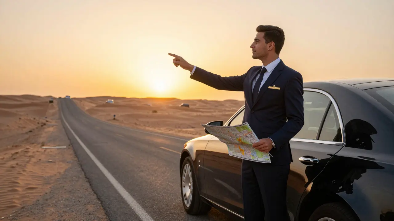 A professional companion pointing toward the desert horizon beside a luxury car at sunset in Abu Dhabi.