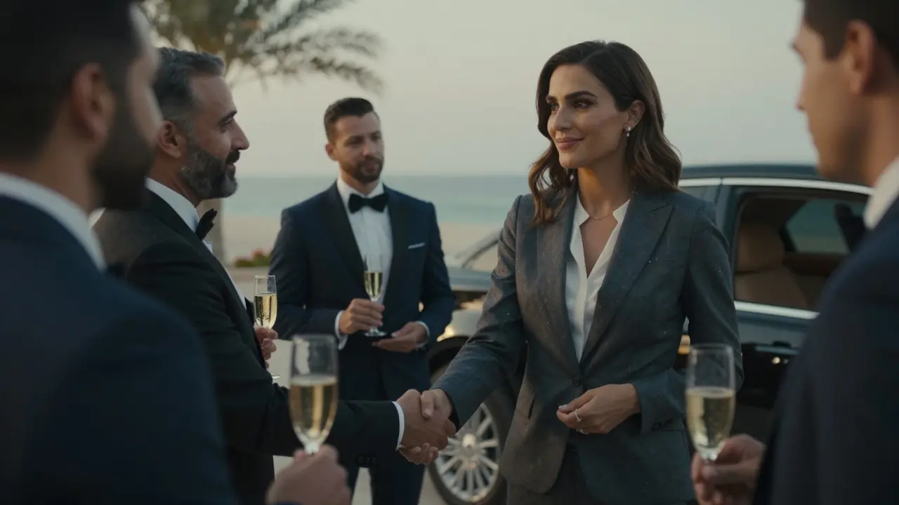 A professional companion shaking hands with executives at a champagne event in Palm Jumeirah.