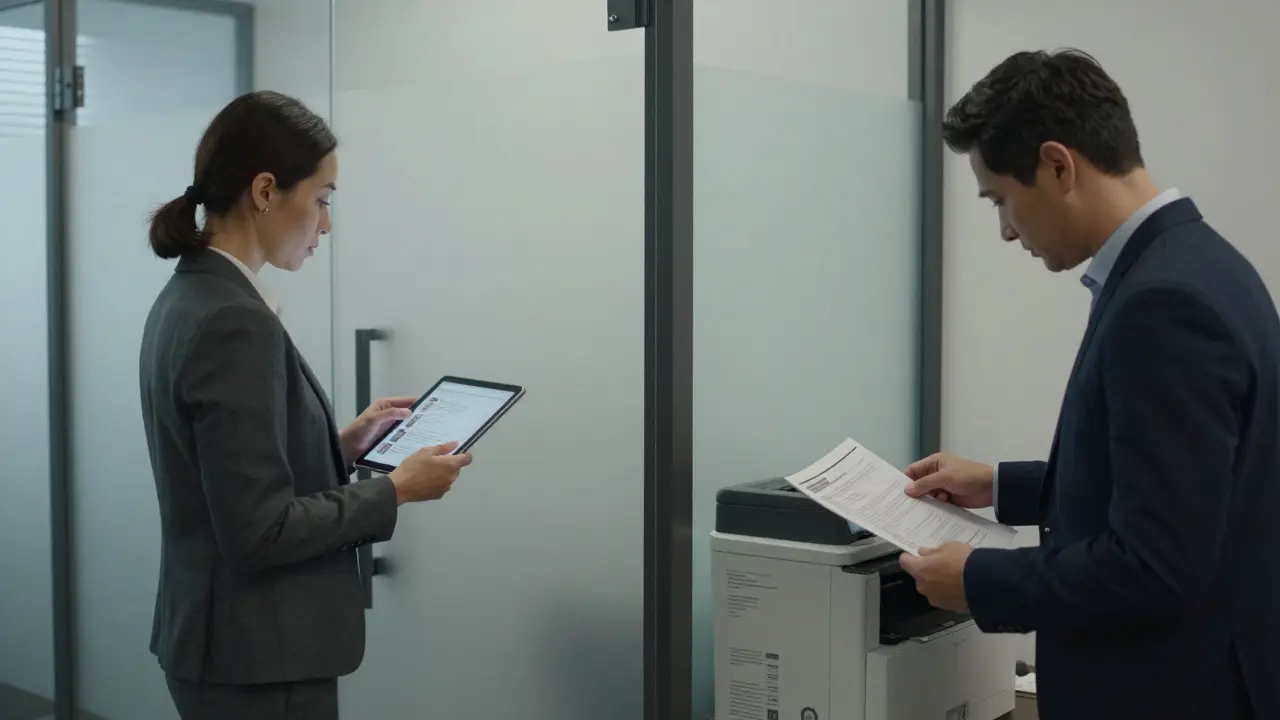 A professional reviewing client profiles and verifying documents in a discreet office setting.