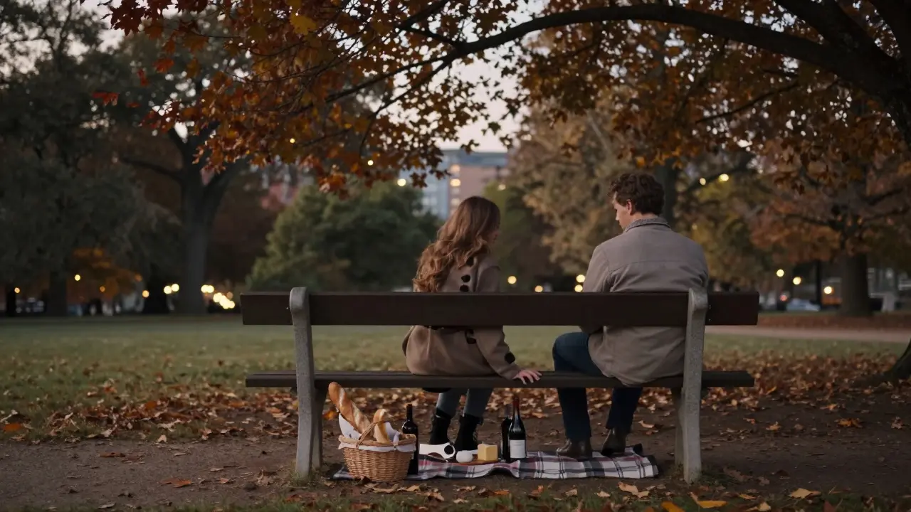 A quiet picnic in Luxembourg Gardens at twilight, bread and wine shared under autumn trees.