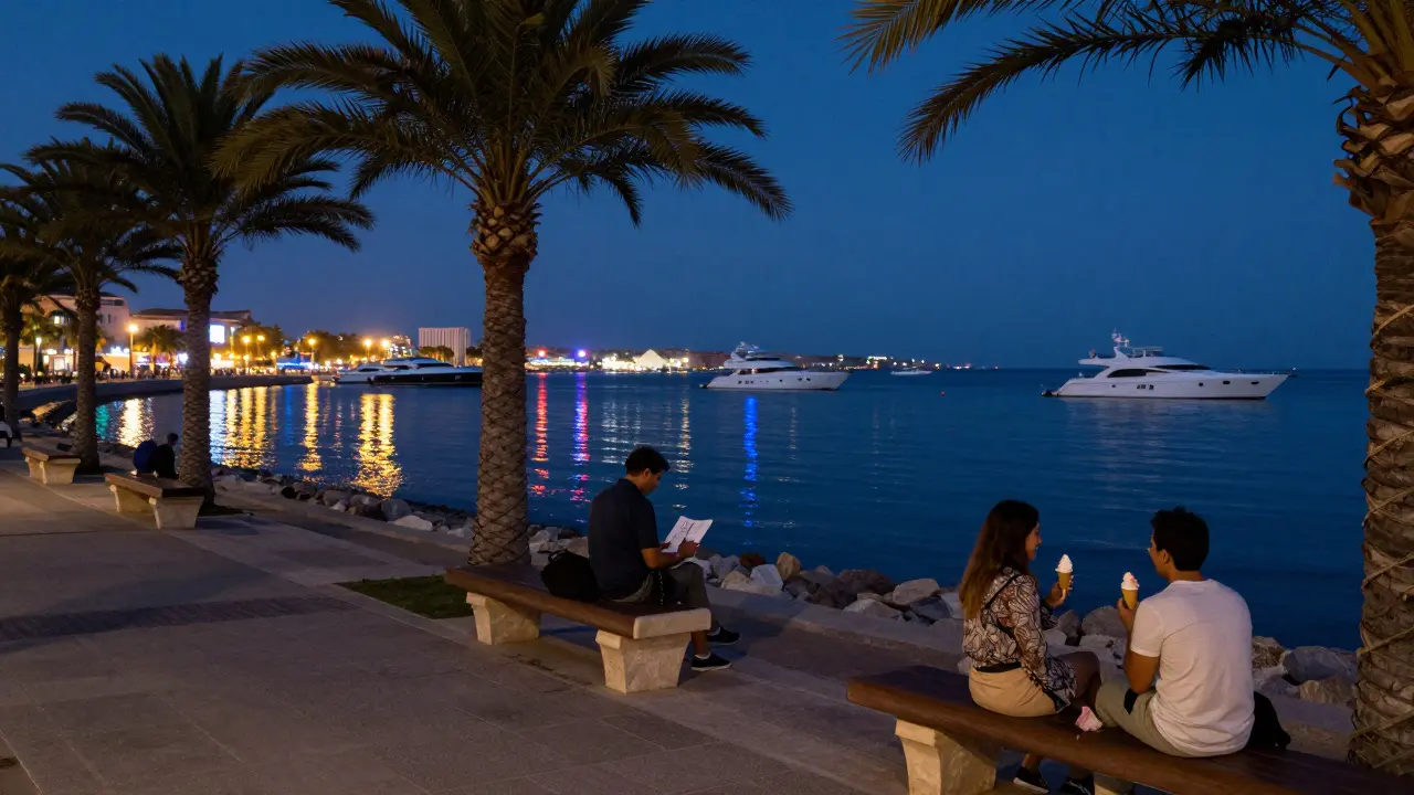 A quiet seaside walk at night with yachts reflecting neon lights on the water, a traveler sketching the horizon.