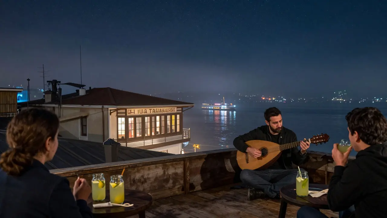 A rooftop overlooking the Bosphorus at midnight, with stars, ferry lights, and an oud player playing softly.