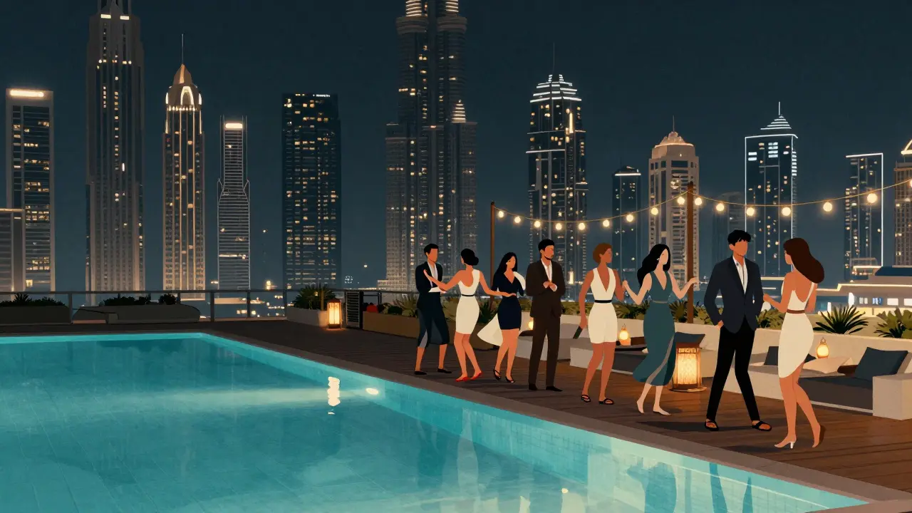 A small group dancing near a rooftop pool under soft lights with Dubai’s skyline as a backdrop.