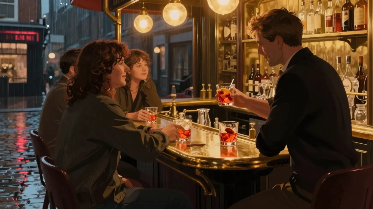 A small Italian bar at night with patrons sipping drinks under warm golden lighting.