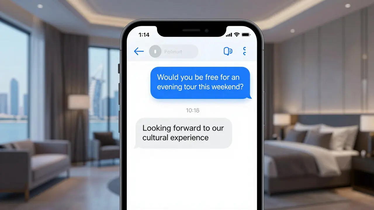 A smartphone screen showing discreet messaging about an evening meeting in Abu Dhabi.