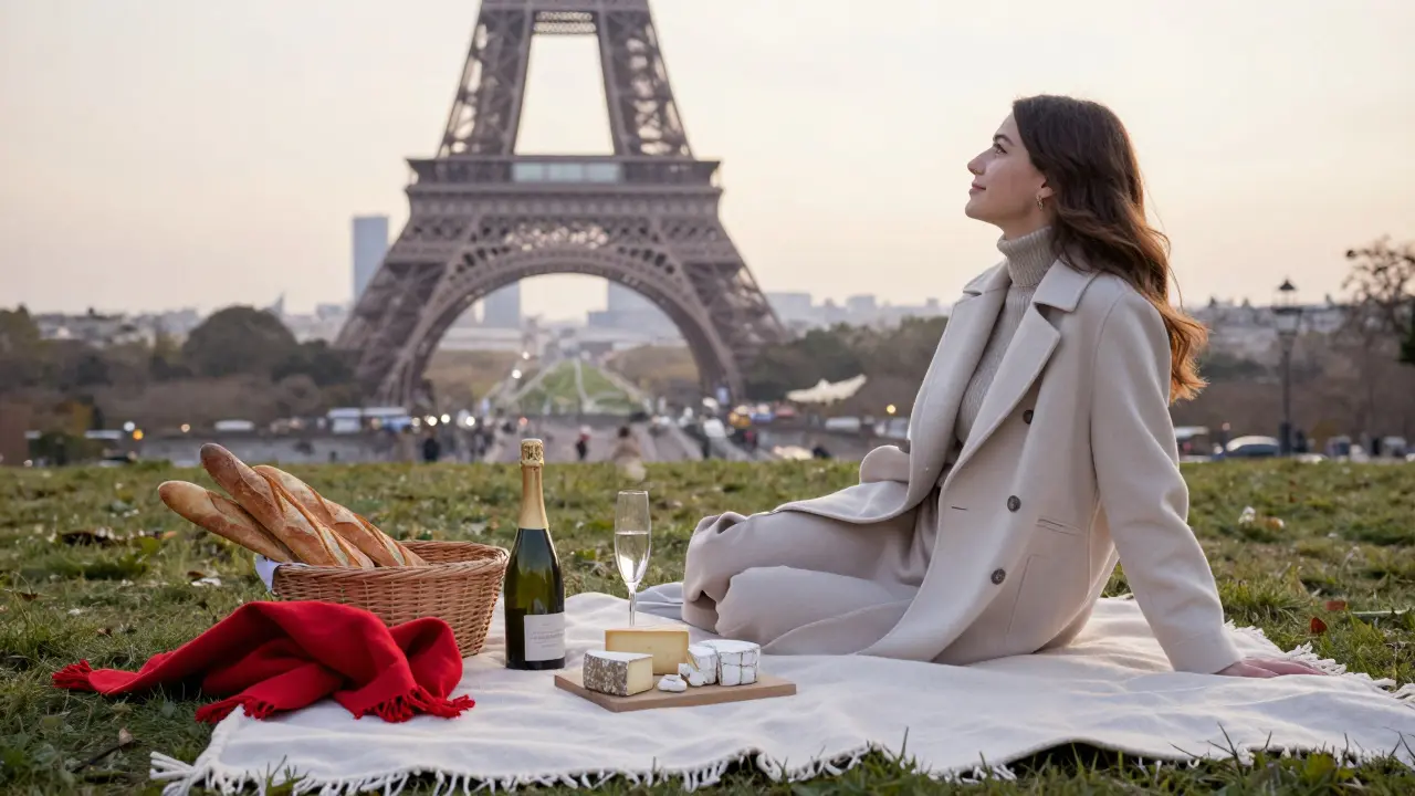 A sunrise picnic on Champ de Mars with champagne and pastries, the Eiffel Tower glowing in the background.