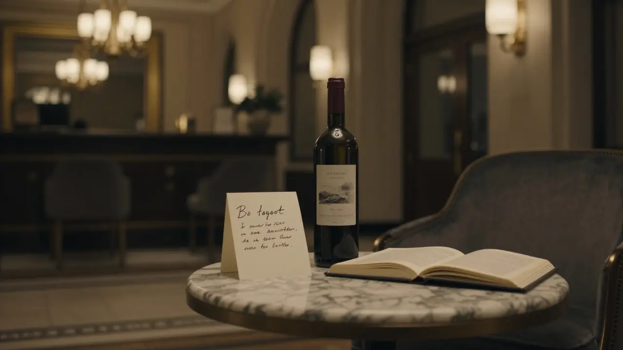 A thoughtful farewell in a luxury hotel lobby, with a handwritten note and wine bottle left on a table under soft lighting.