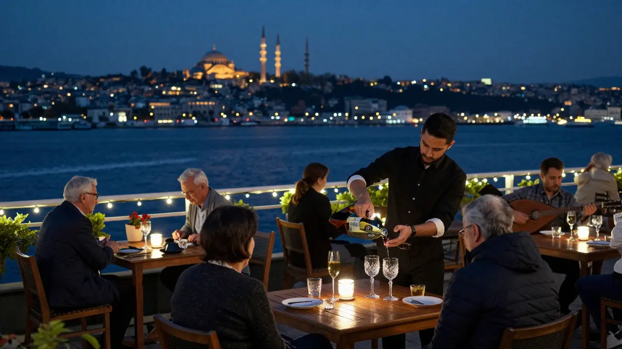 A tranquil Bosphorus rooftop terrace at night with string lights, an oud player, and quiet patrons.