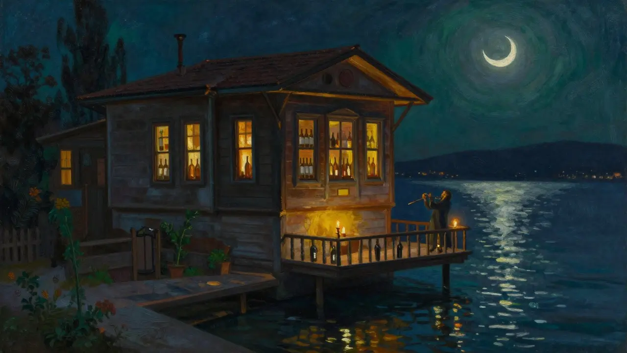 A tranquil Ottoman-style wine bar by the water at night with flute music and candlelight.
