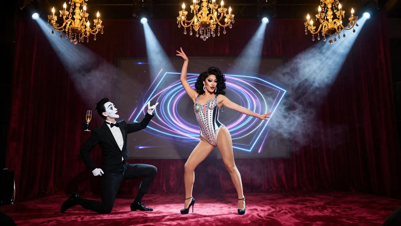 A vibrant cabaret performance with drag, mime, and neon light effects in a luxurious dimly lit venue.