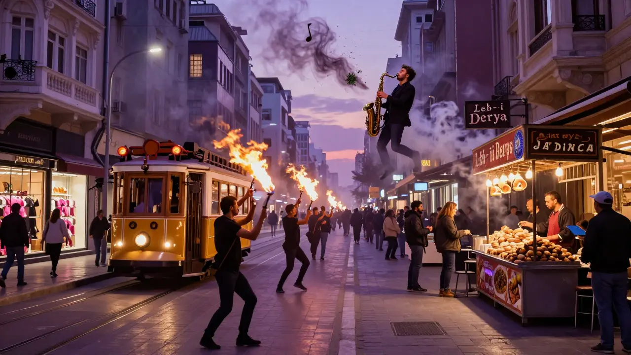A vibrant, dreamy street scene at night with a saxophonist floating above a bustling pedestrian avenue.