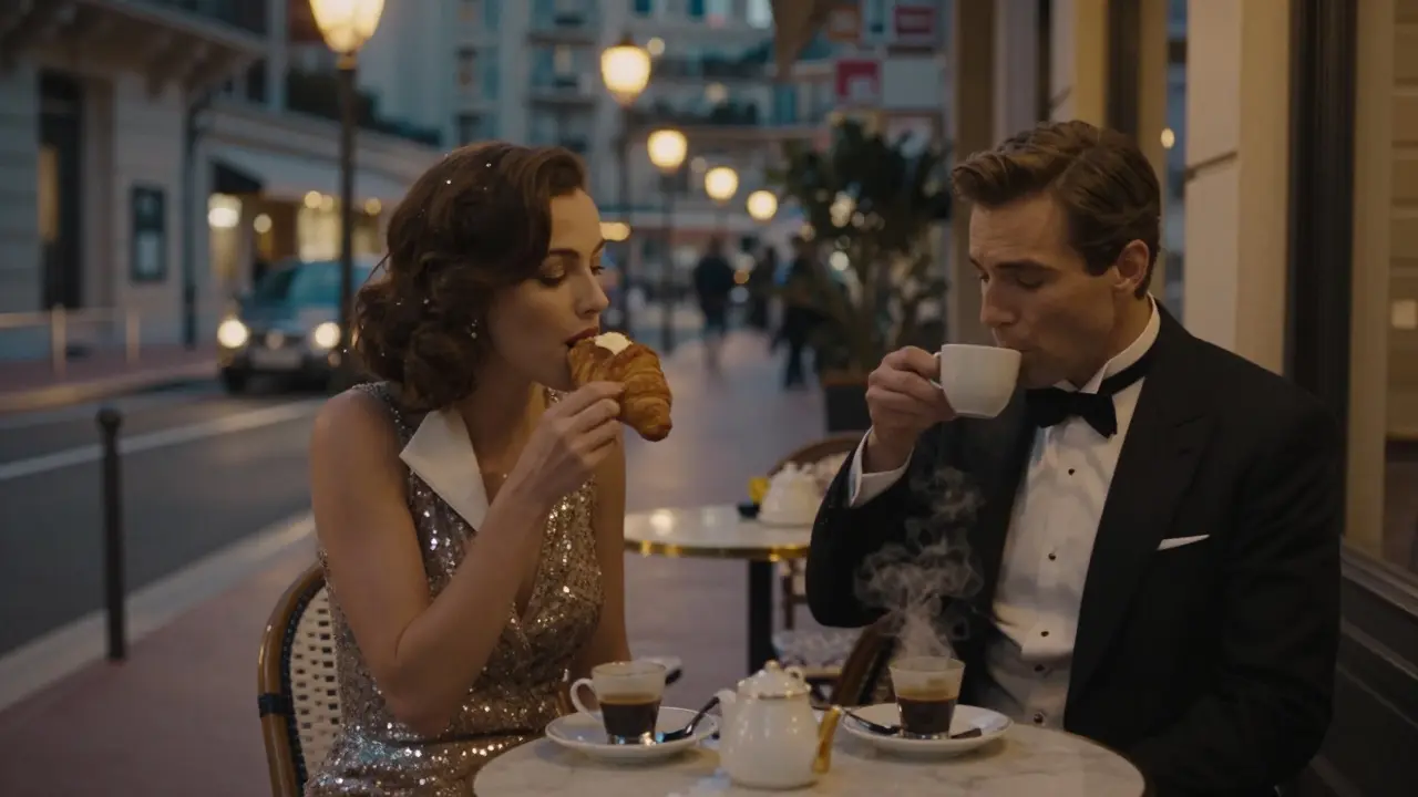 A woman in evening gown eats a croissant at Le Café de Paris at 4 a.m. with a man in a tuxedo beside her.