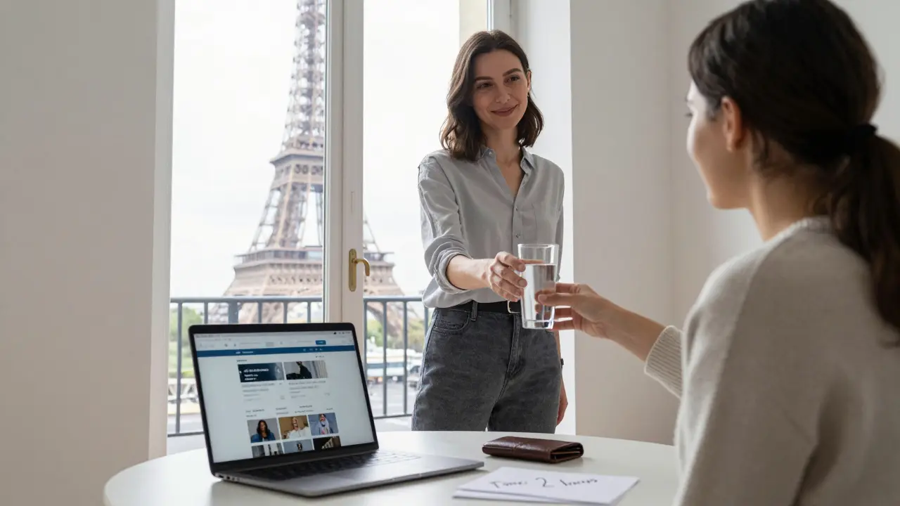 A woman offering a guest water in a private Paris apartment with the Eiffel Tower visible outside.