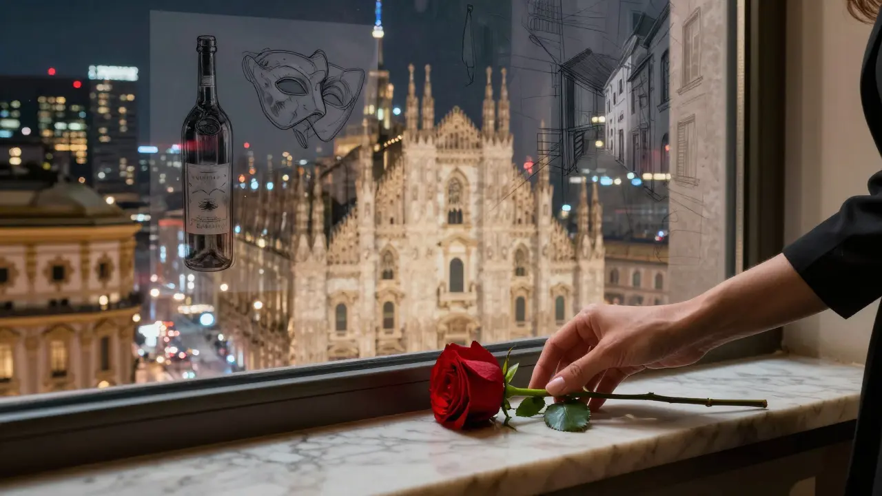 A woman places a rose on a windowsill overlooking Milan at night, with faint translucent images of culture and elegance surrounding her.
