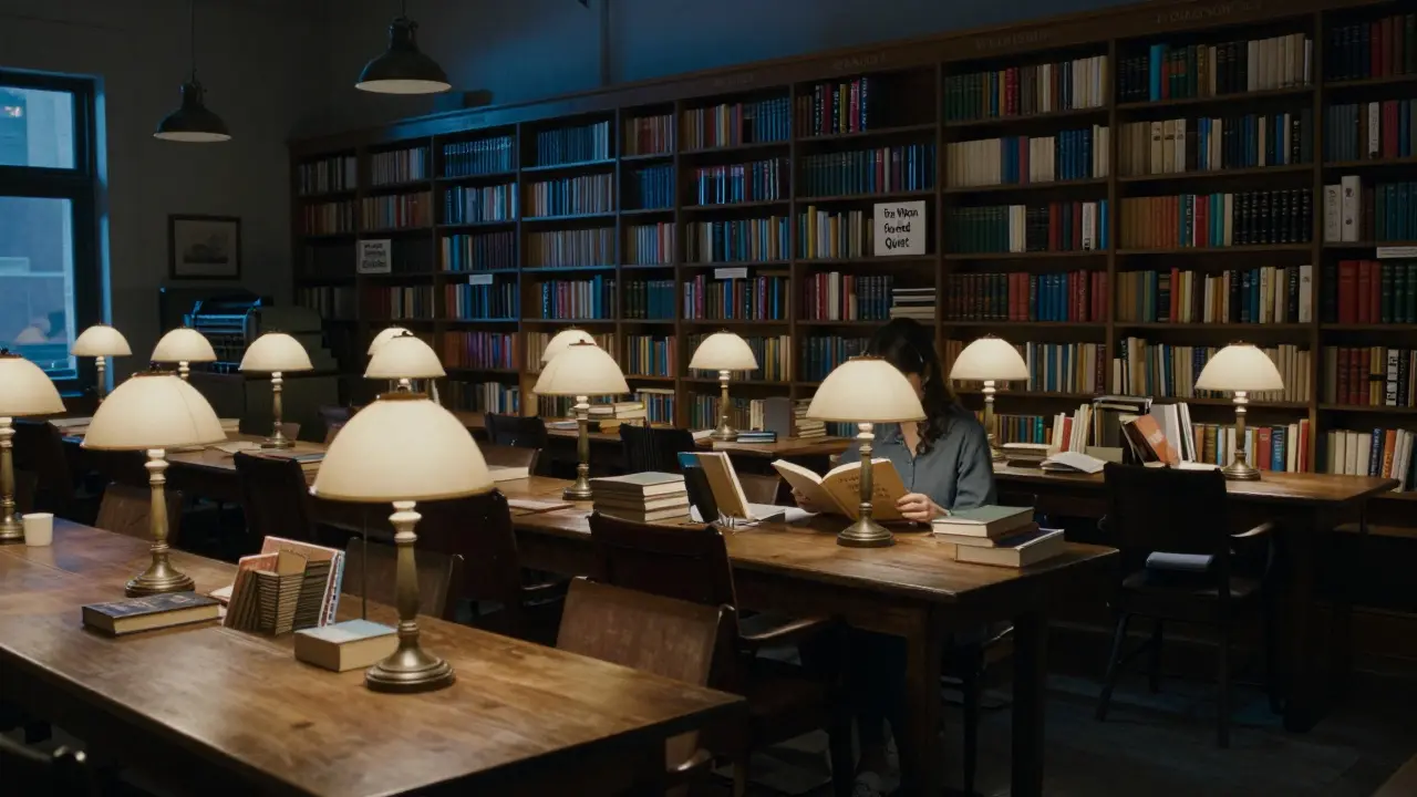 A woman reads late at night in a 24-hour library filled with books and warm reading lamps, lost in the quiet of a story.