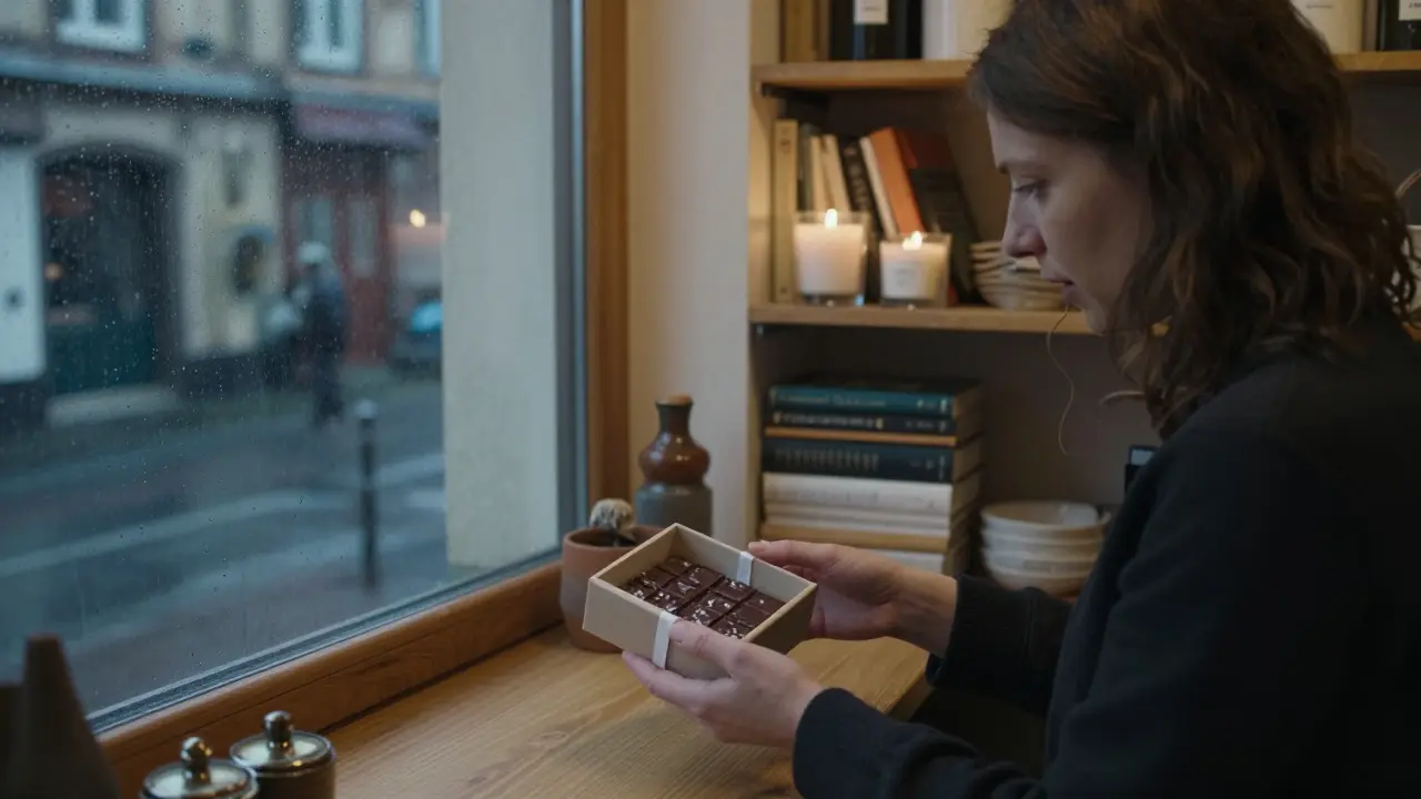 A woman receiving handmade chocolate from a local artisan shop in Prenzlauer Berg, rain on the window.