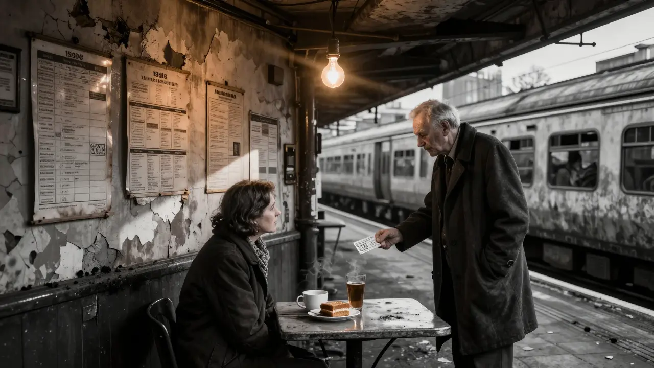 An abandoned train platform with old schedules, a cup of cider, and a man handing a ticket to a visitor.